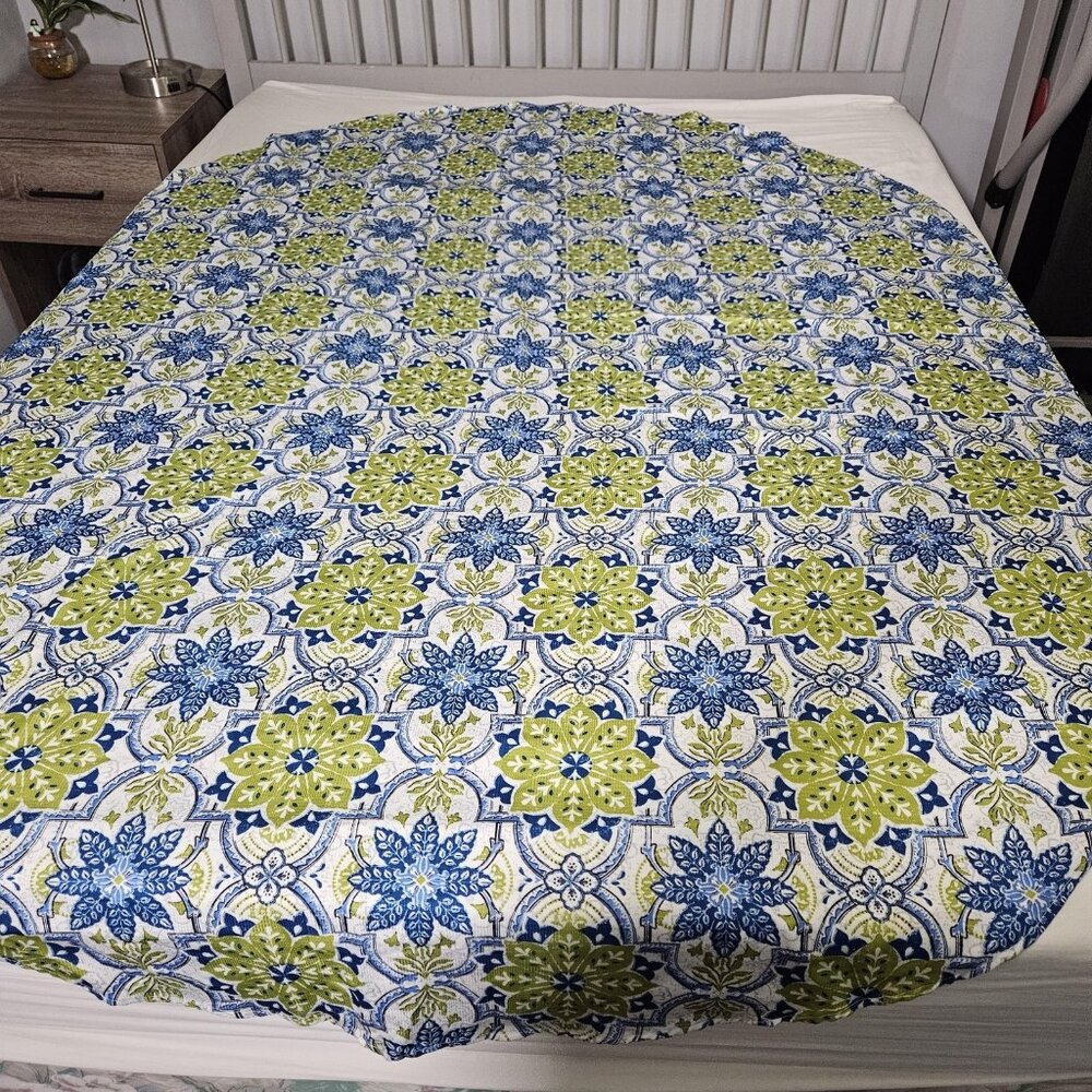 Oval Tablecloth Linen 60x84 Porto Blue Green Floral Mediterranean Dining Kitchen - Picture 3 of 7